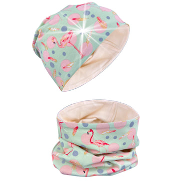 Cappello e sciarpa a loop con riflettori a 360° – Fenicottero - interno in jersey