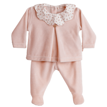 Completo neonata in ciniglia di cotone, Floral Peach Pink