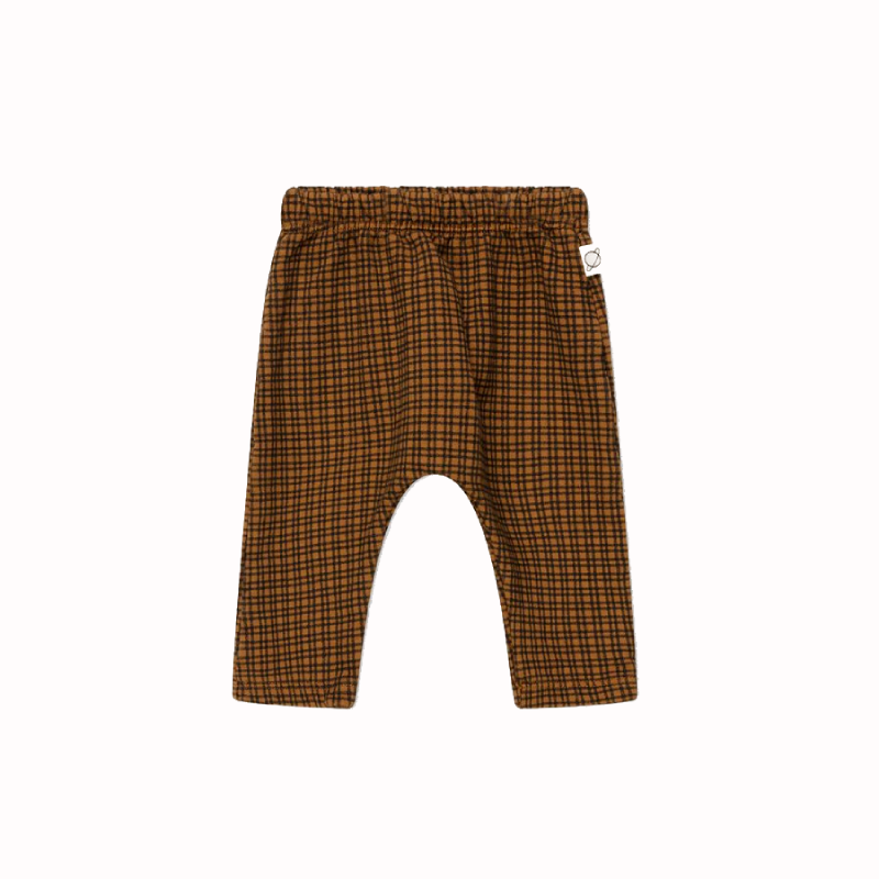 Pantalone bambini tonalità caramello a quadratini, in cotone biologico