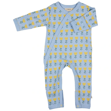 Tutina azzurra con tulipani per neonati in cotone organico