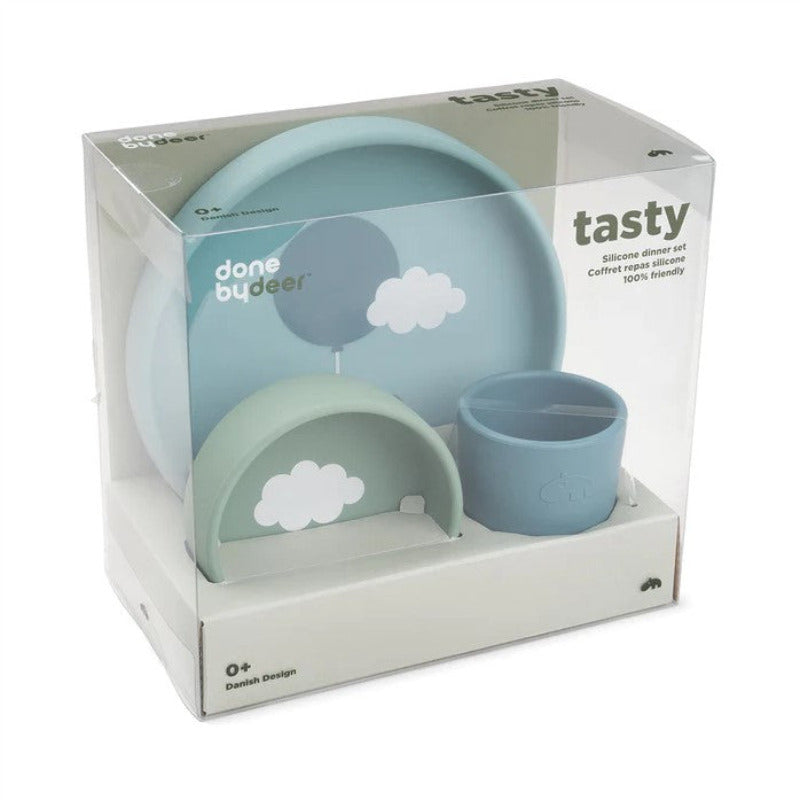 Set pappa bambini in silicone alimentare, happy clouds blu