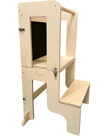 Torre montessoriana convertibile, in legno naturale con lavagna