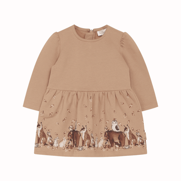 vestitino a manica lunga con stampa di animali e foglie sul fondo