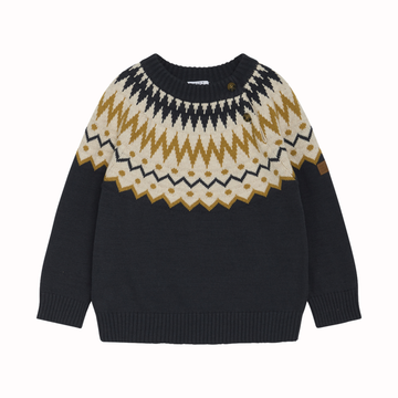 Maglione in tonalità blu con motivo grafico, finiture a coste, chiusura con bottoni su spalla.