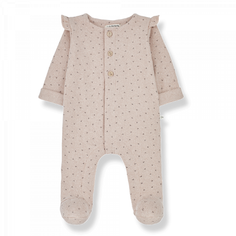 Tutina neonata con piedino in tonalità rosa nude con pois. Apertura frontale tramite bottoni