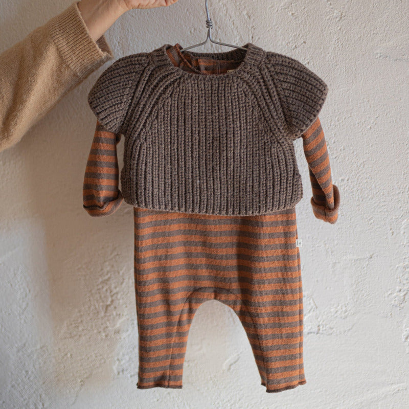Tutina a righe zucca con Coprispalla bambini in maglia, color marrone terra
