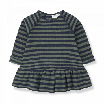 Abito bambina in caldo cotone, righe blu e verde. Taglio increspato.