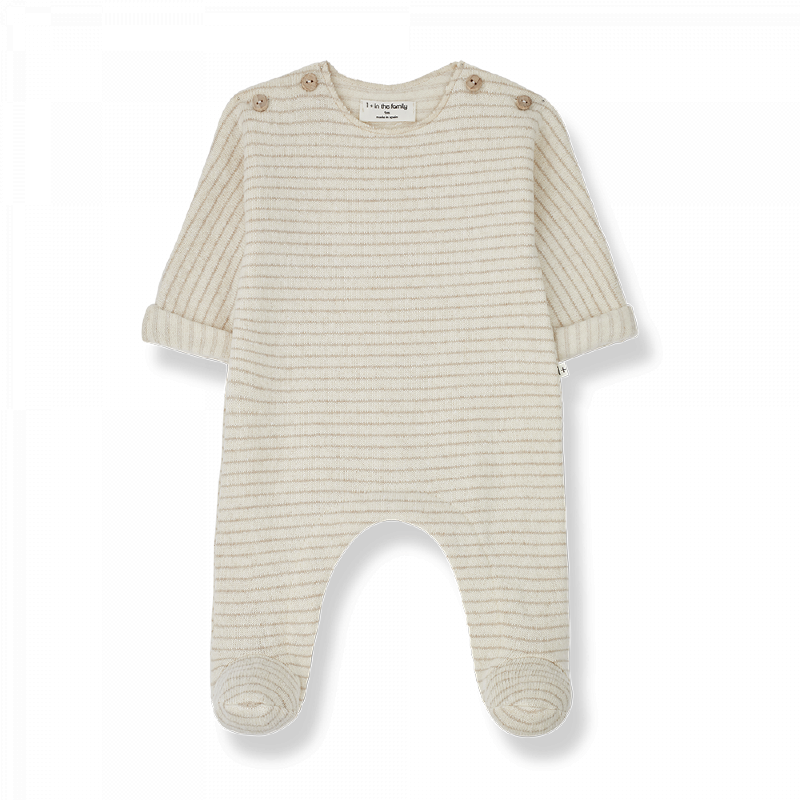 Tutina neonato con piedino in tonalità ecru, righe beige