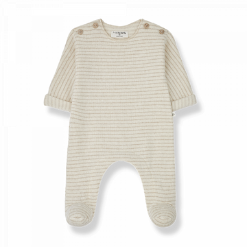 Tutina neonato con piedino in tonalità ecru, righe beige