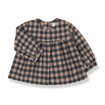 Camicetta bambina in calda flanella, quadrati nero e malva.