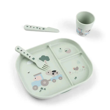 Piatto a scomparti con bicchiere e posate Tiny farm verde