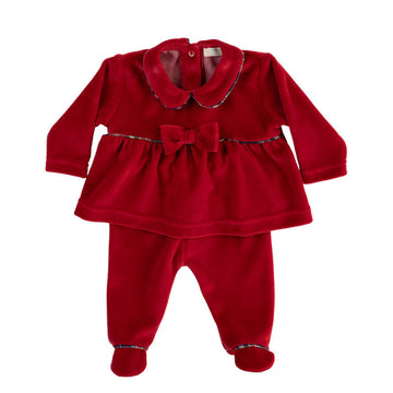 Completo per neonata in ciniglia di cotone, con fiocco rosso