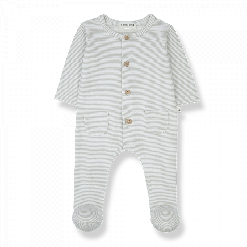 Tutina a righine verde per neonato in morbido jersey di cotone. Collezione SS23 1+ in the Family.