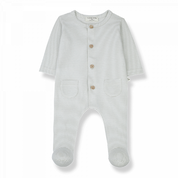 Tutina a righine verde per neonato in morbido jersey di cotone. Collezione SS23 1+ in the Family.