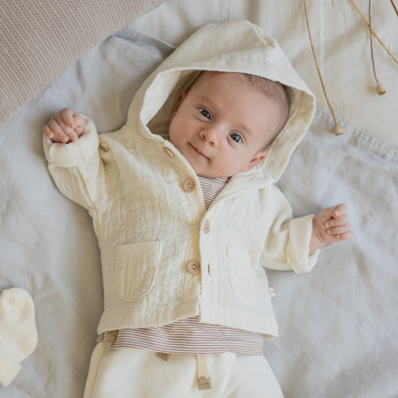 Giacca cardigan con cappuccio ecru per bambino, collezione SS23 1+ in the Family