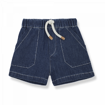 bermuda bambino denim, firmato 1+ in the Family. Elastico in vita, tasche laterali, taschina applicata posteriore, laccetto frontale, cuciture a contrasto