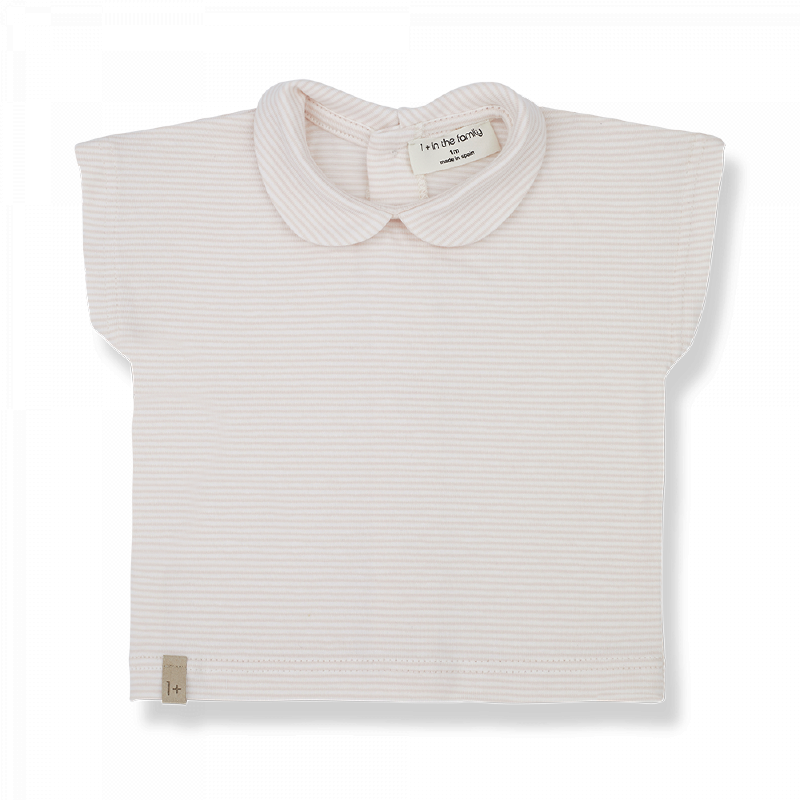 T-shirt neonata con colletto a righine rosa, in morbido e leggero Jersey di cotone. Collezione SS23 1+ in the Family.