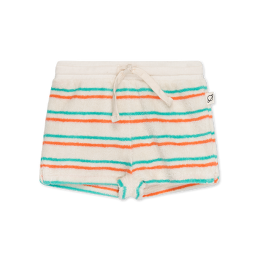  bermuda bambini in spugna di cotone per il tuo neonato, firmato My Little Cozmo, con trama a righe verde-pesca. Elastico in vita tramite laccetto, spacchi laterali.