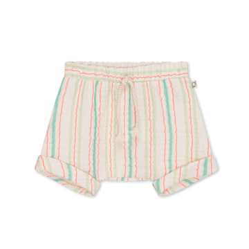  bermuda in mussola di cotone per i vostri bambini, firmato My Little Cozmo, con trama a righe verticali. Elastico in vita con coulisse, orli risvoltati.
