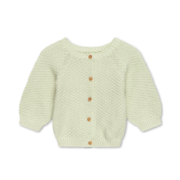 cardigan bambini, firmato My Little Cozmo, in tonalità verde chiaro e lavorato a tricot. Girocollo, maniche raglan, chiusura frontale a bottoni, polsini e orli a costine.