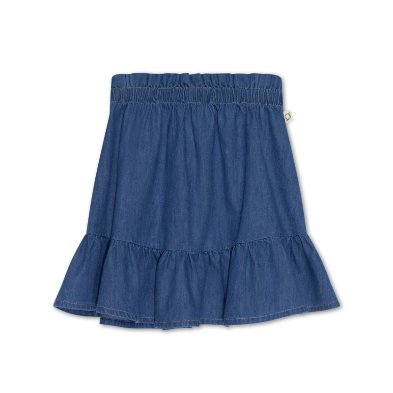Graziosa gonna denim per le vostre bambine, firmato My Little Cozmo. Vita elastica a punto smock, bordo arricciato a volants.