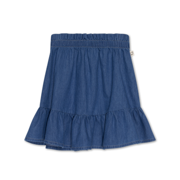 Graziosa gonna denim per le vostre bambine, firmato My Little Cozmo. Vita elastica a punto smock, bordo arricciato a volants.