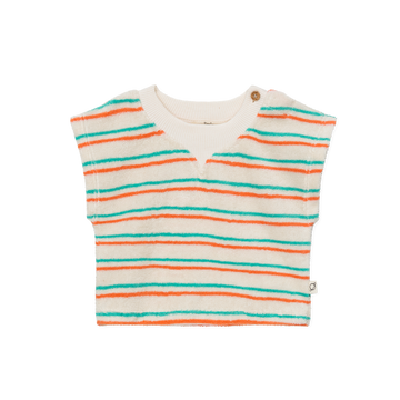 t-shirt in spugna di cotone per i tuoi neonati, firmato My Little Cozmo, con trama a righe verde-pesca. Scollo a costine, chiusra altezza spalle tramite bottone, senza maniche