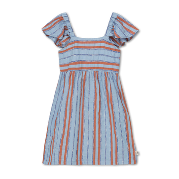  grazioso abito denim per bambina, firmata My Little Cozmo, con righe ricamate. Apertura posteriore tramite bottoni, scollo squadrato e dettagli a volants sulle spalline