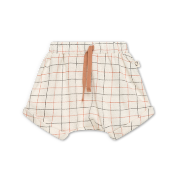 bermuda in cotone biologico per i vostri bambini, firmato My Little Cozmo, in tessuto crêpe e trama scozzese. Elastico in vita con coulisse, orli risvoltati.