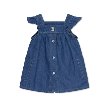 Bellissimo e leggero abito smanicato denim firmato My Little Cozmo per la tua bambina, perfetto per la stagione primavera-estate. Sollo squadrato, dettagli a volants sulle spalline, chiusura tramite bottoni sul davanti, due tasche applicate ai lati.