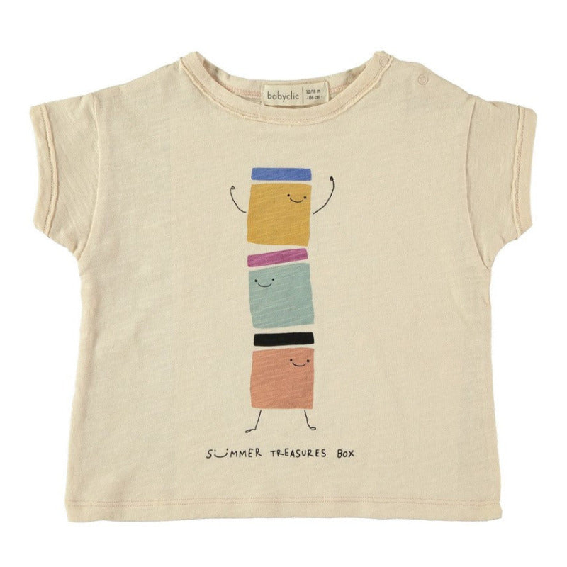 t-shirt in morbido e fresco cotone biologico a manica corta, con tre piccoli simpatici barattoli. Apertura lungo spalla tramite bottoncini a pressione.