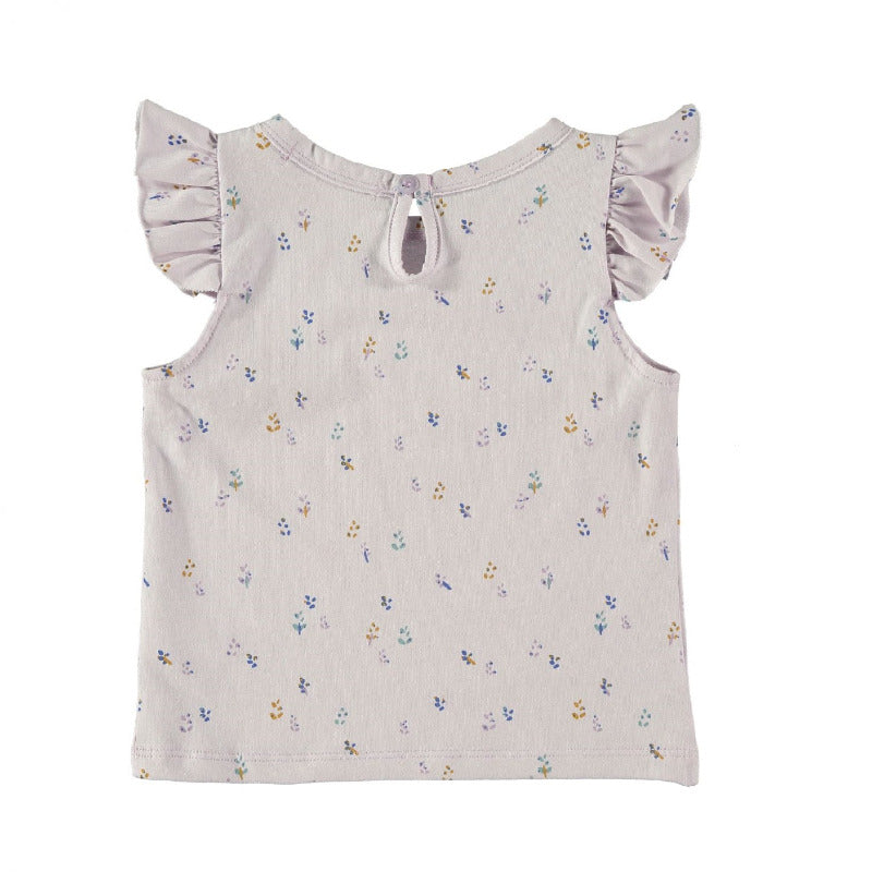 t-shirt bambina in cotone biologico, con tanti piccoli fiori su tonalità lavanda. Volants sulle spalle, apertura tramite bottone ad altezza collo nella parte posteriore