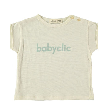  t-shirt bambini in cotone biologico a manica corta, con il logo babyclic su fondo vaniglia