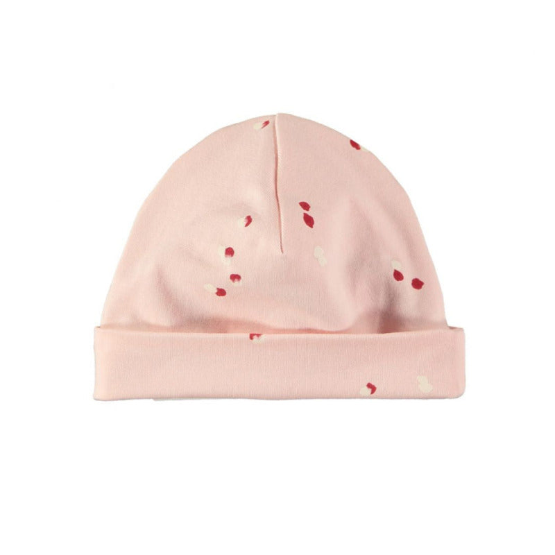 Bellissimo e morbido berretto neonata in morbido cotone biologico, tonalità lavanda, realizzato con un doppio strato di tessuto, delicato sulla pelle.