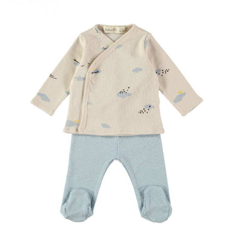 completo neonato in morbido e leggero cotone biologico che comprende una maglia kimono e ghettina a costine. L