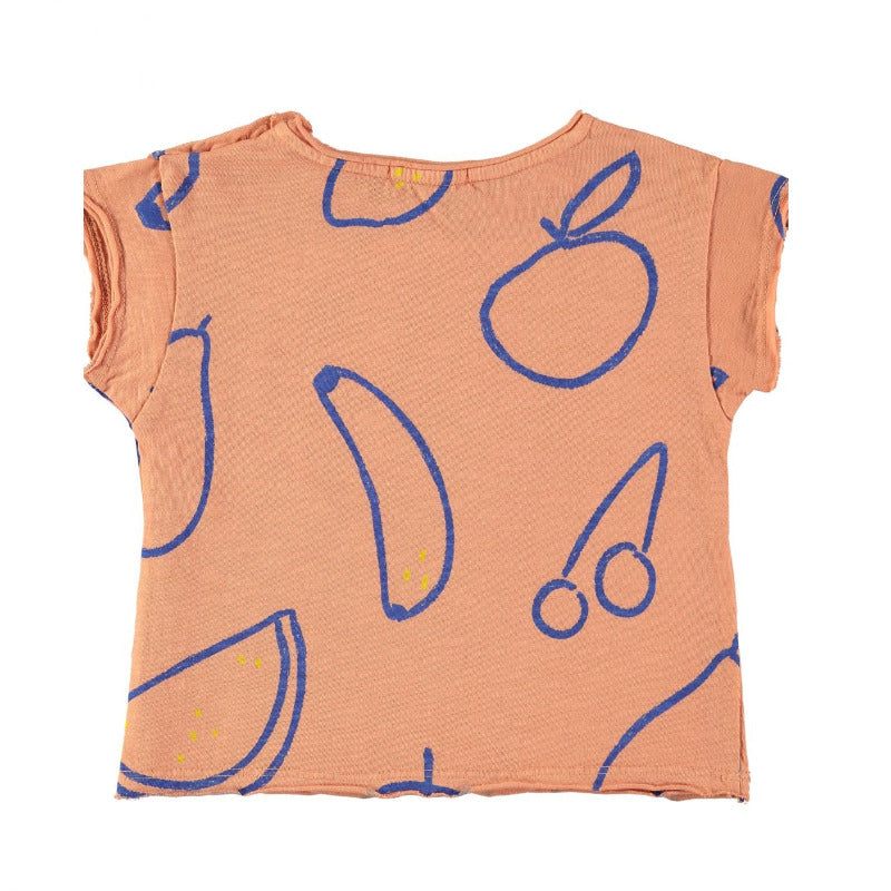 t-shirt bambini in cotone biologico a manica corta, con tanti frutti blu su fondo arancio. Finiture con bordi grezzi