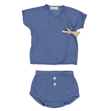 Completo neonato in cotone e lino - blu