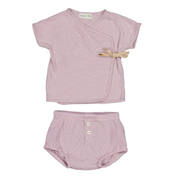 Completo neonata in cotone e lino e malva