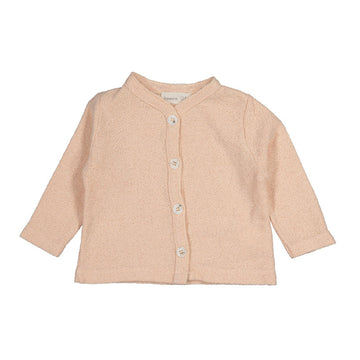 cardigan bambina in morbido cotone biologico testurizzato in tonalità rosa pastello. Un capo pratico e comodo, con apertura frontale tramite bottoni