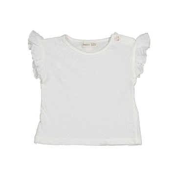 -shirt da bambina in cotone e lino di altissima qualità, con maniche a volant, tonalità bianco. Un capo fresco e comodo con apertura tramite bottoni lungo spalla
