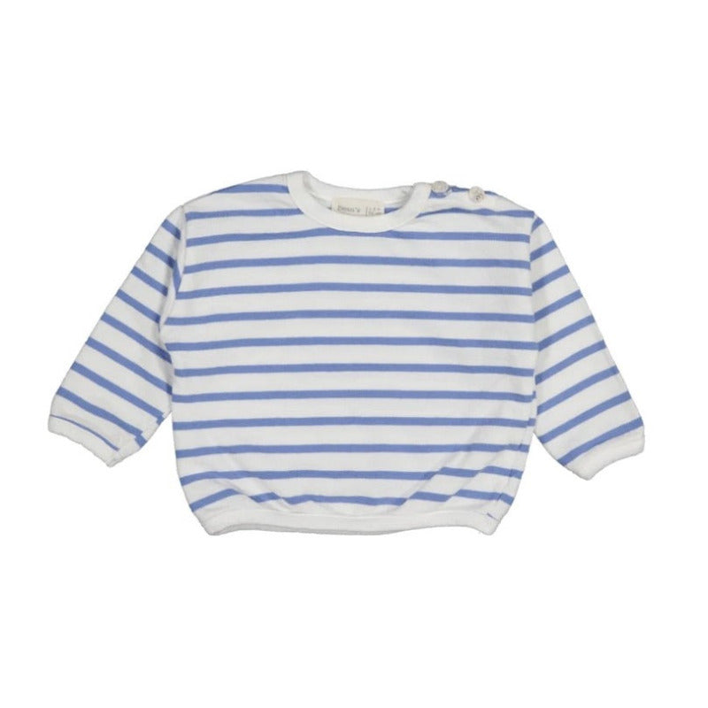 felpa bambino in morbido cotone biologico a righe blu su fondo bianco. Apertura lungo spalla tramite bottoni, scollo rotondo, costine su scollo e polsini. 