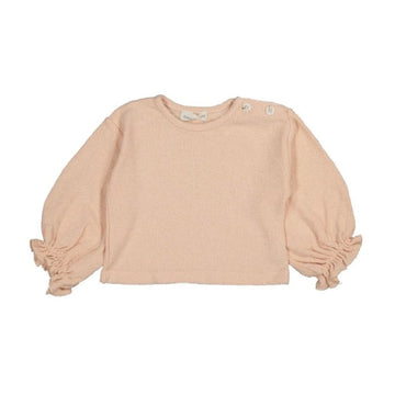  ferlpa bambina in morbido cotone biologico testurizzato in tonalità rosa pastello. Un capo pratico e comodo, con apertura lungo spalla con bottoni e maniche elastiche arricciate.
