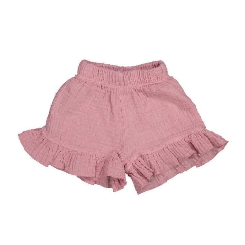 shorts bambina in mussola di cotone biologico con volant, color malva. Elastico in vita