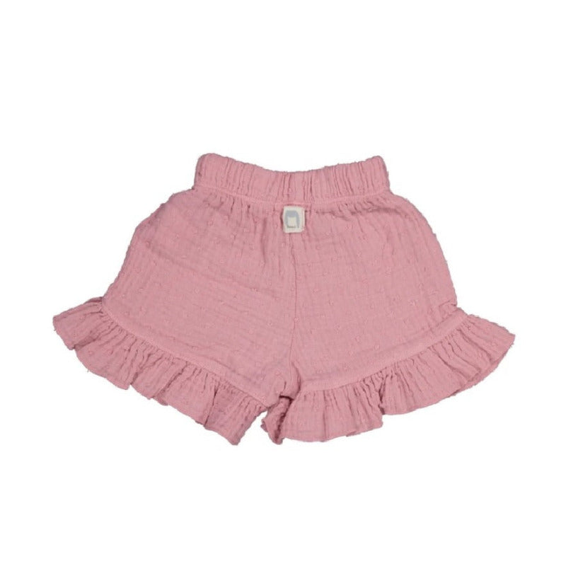 shorts bambina in mussola di cotone biologico con volant, color malva. Elastico in vita