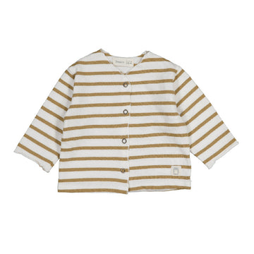 cardigan bambini in morbido cotone biologico a trama righe noce su fondo bianco. Un capo pratico e comodo, con apertura frontale tramite bottoncini automatici.