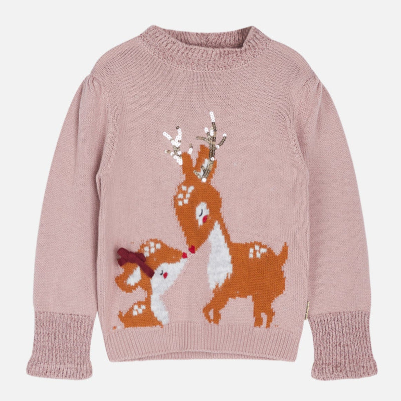 pullover bambina rosa con cerbiatto, glitter