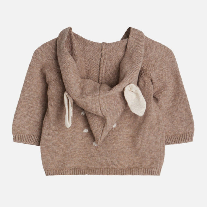  cardigan in morbida maglia di cotone, caratterizzato da un simpatico cappuccio con le orecchie