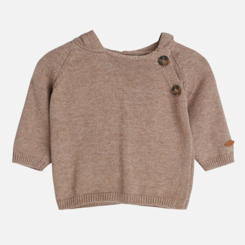  cardigan in morbida maglia di cotone, caratterizzato da un simpatico cappuccio con le orecchie
