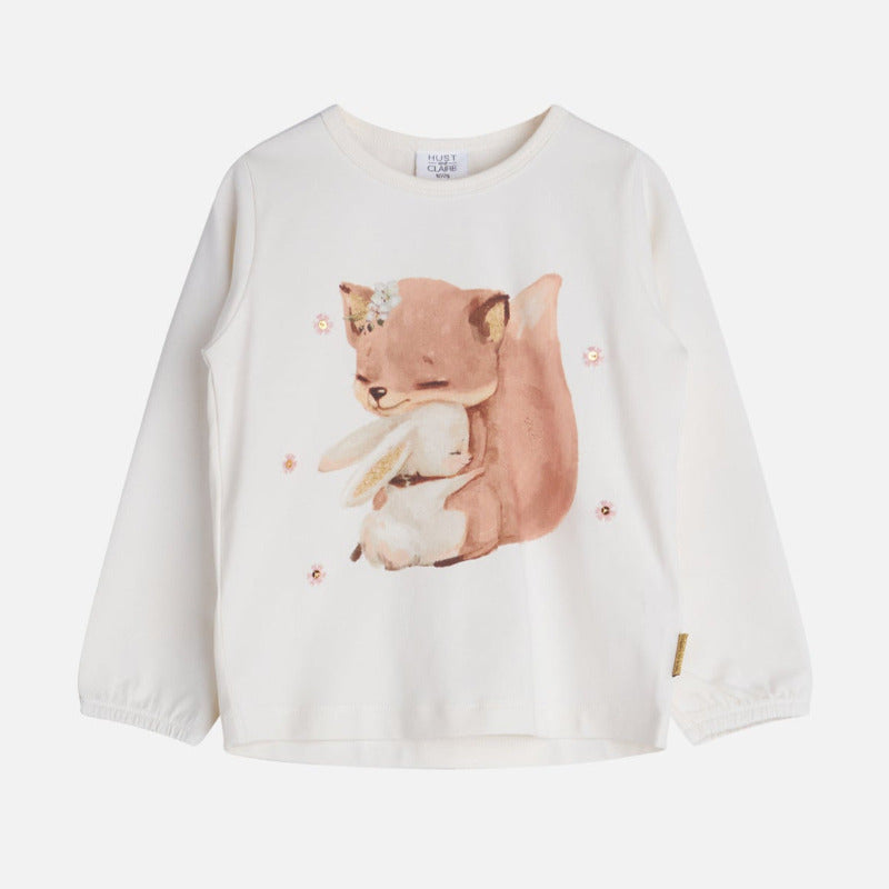 t-shirt bambina in cotone biologica, volpe e coniglio