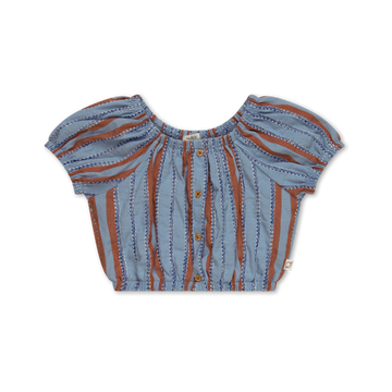 camicetta a manica corta denim per bambina, firmata My Little Cozmo, con righe ricamate. Scollo squadrato, maniche corte a sbuffo, abboittonatura decorativa frontale. Elastico su spalle, polsini e orlo